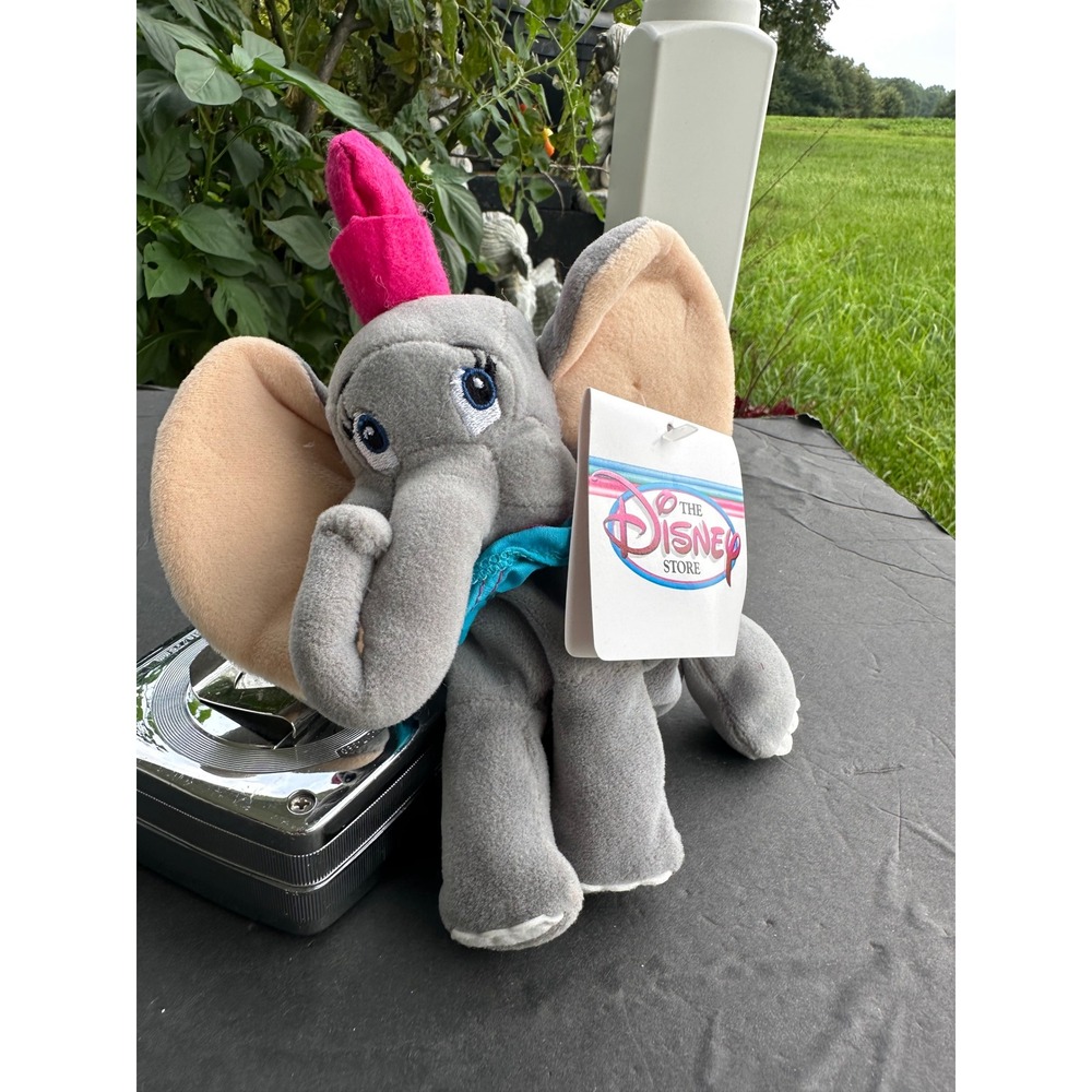 Disney Store Vintage Mini Bean Bag Dumbo Plush Grey Pink Hat 8 Inch NWT